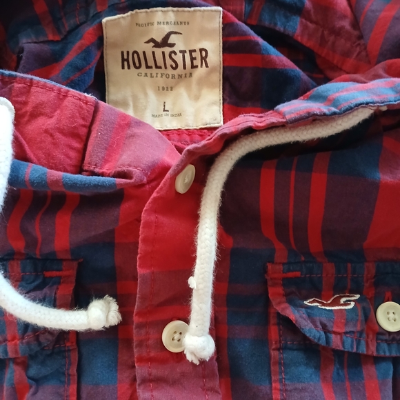 Hollister Red and Blue Button Down Shirt with Hood - Picture 5 of 5